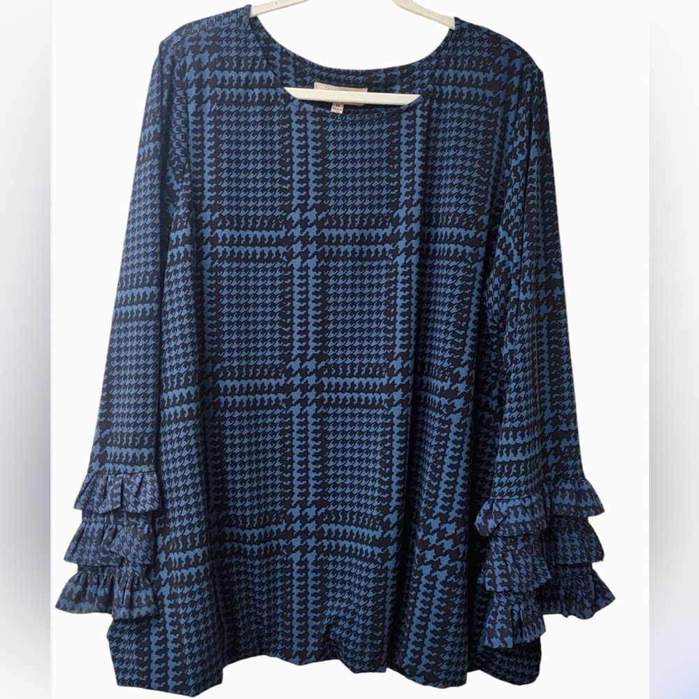 Philosophy Women’s Blue and Black Houndstooth Raffle Long Sleeve 2 PlyTop Size1X